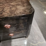 Luxury Dark Burl Natural Wood Veneer Nightstand with Iconic Rose Gold Medusa Handles